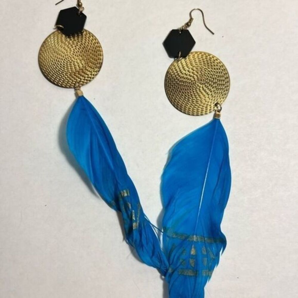 Blue statement feather earrings